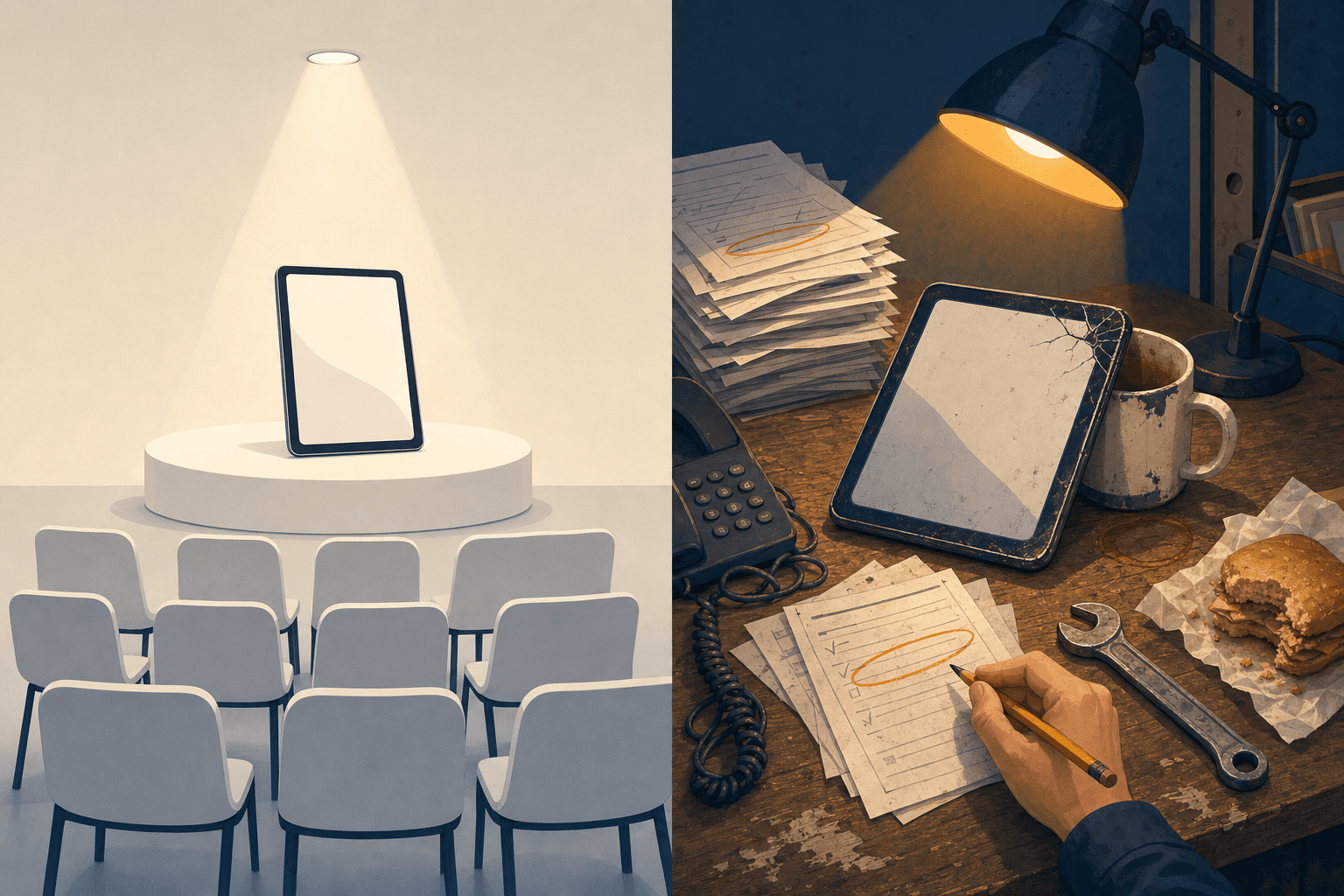 Split image; left half shows a clean tablet on an empty stage with rows of chairs in front of it; right half shows a cracked tablet on a messy working desk beside checklists, a phone, and a wrench.