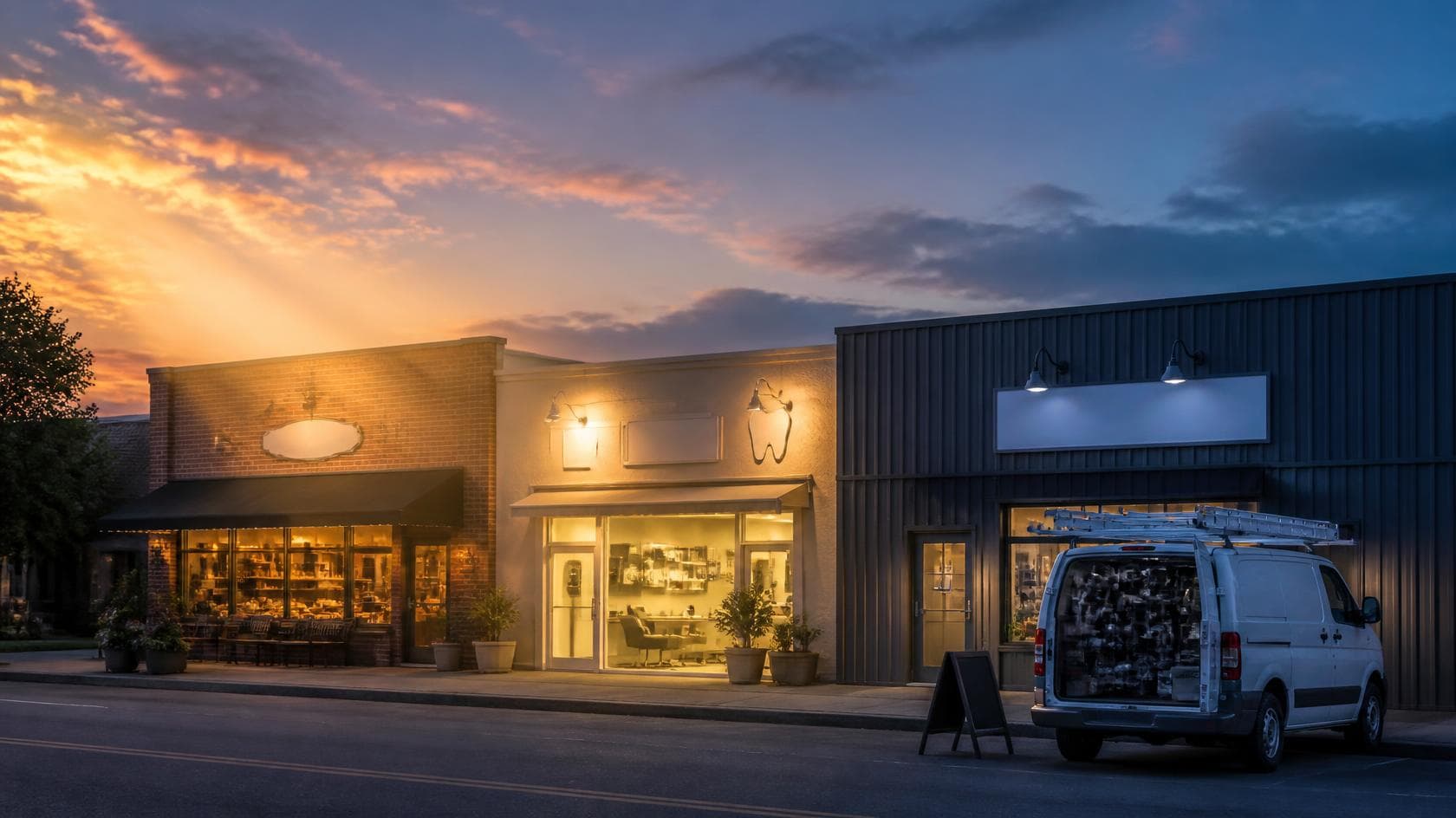 A row of small storefronts on a main street at dusk, lit windows on two of the shops, and a white service van with a ladder rack parked at the curb