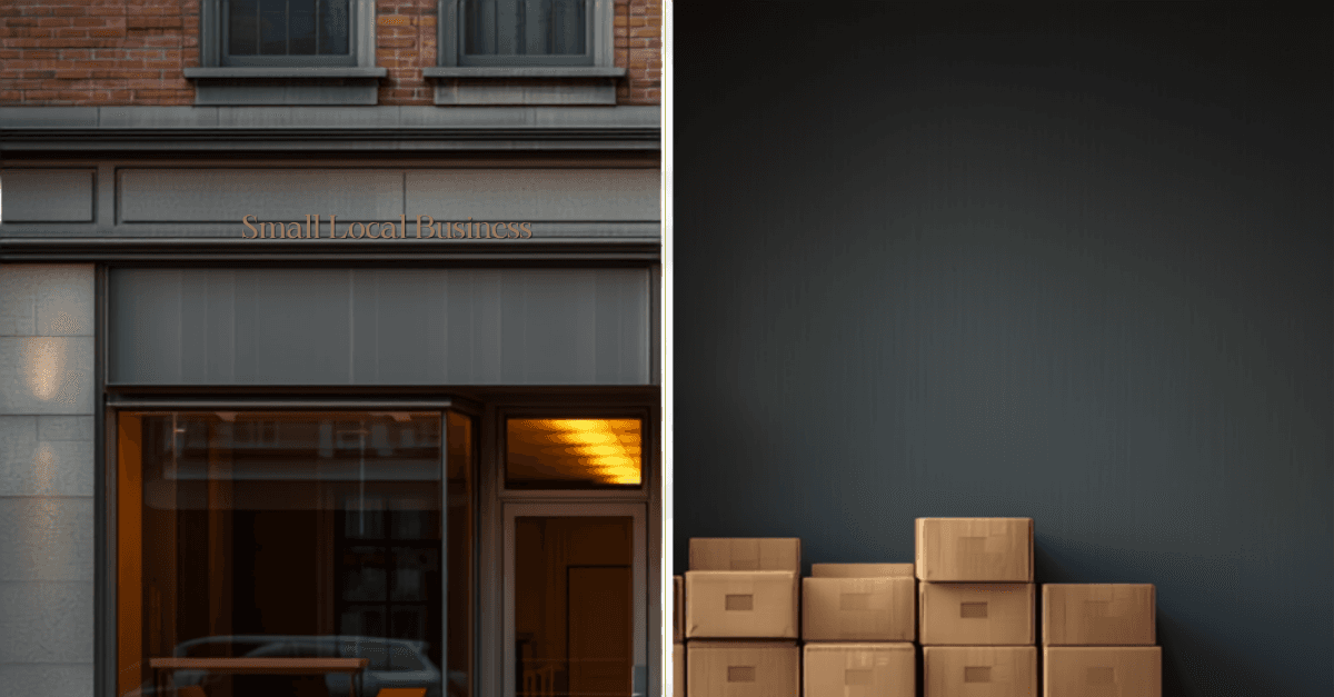 Split image; left half shows a warmly lit small storefront window with a sign reading "Small Local Business"; right half shows a stack of plain unmarked cardboard shipping boxes against a dark wall.